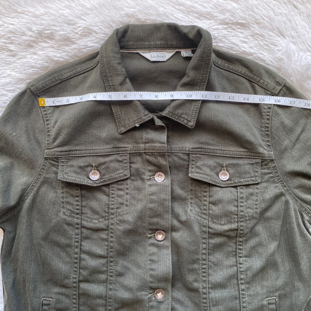 L.L.BEAN Denim Trucker Jacket Womens Olive Green Stretch Size L Regular